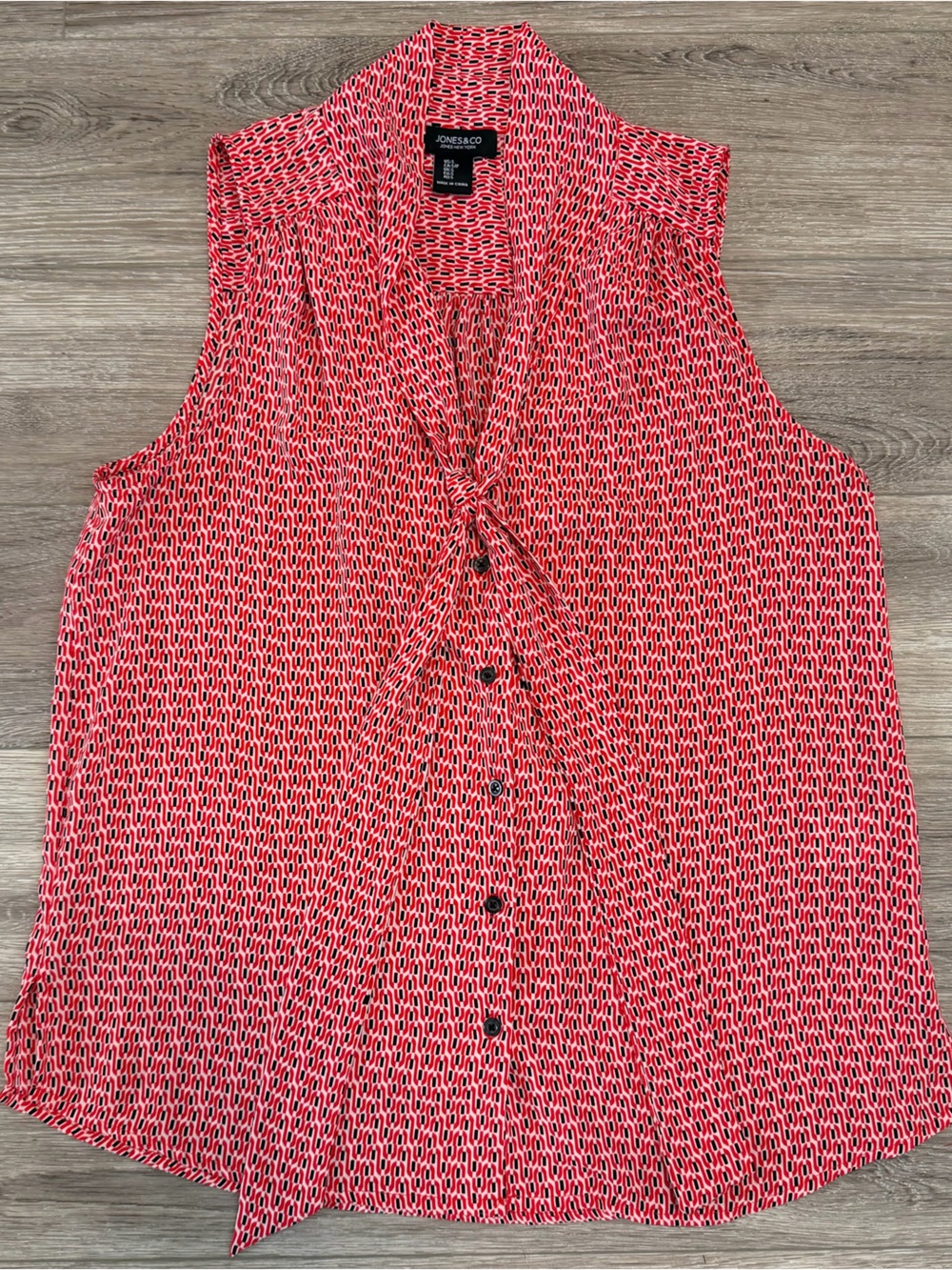 Red Geometric Tie-Front Sleeveless Blouse